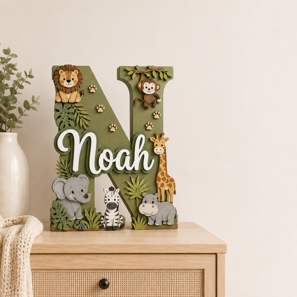 Personalized Safari Nursery Name Sign, Jungle Animals Nursery Decor, Lion Giraffe Elephant Baby Name Sign, Kids Room Wall Art