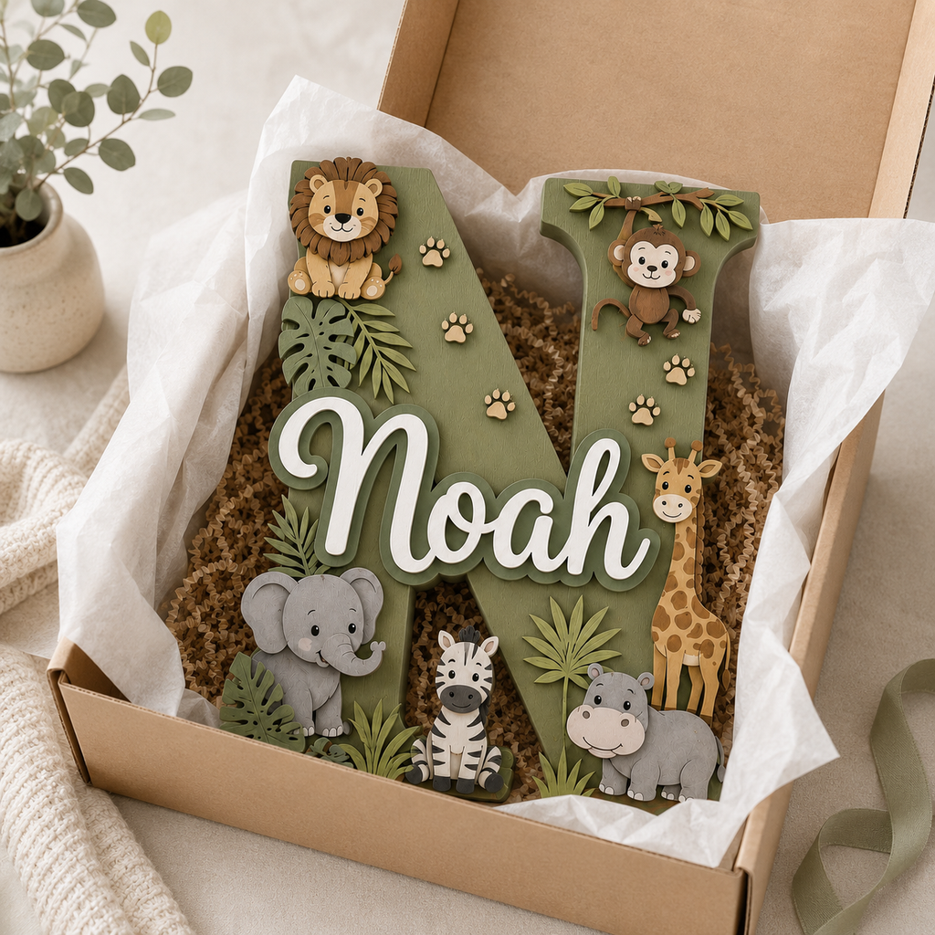 Personalized Safari Nursery Name Sign, Jungle Animals Nursery Decor, Lion Giraffe Elephant Baby Name Sign, Kids Room Wall Art