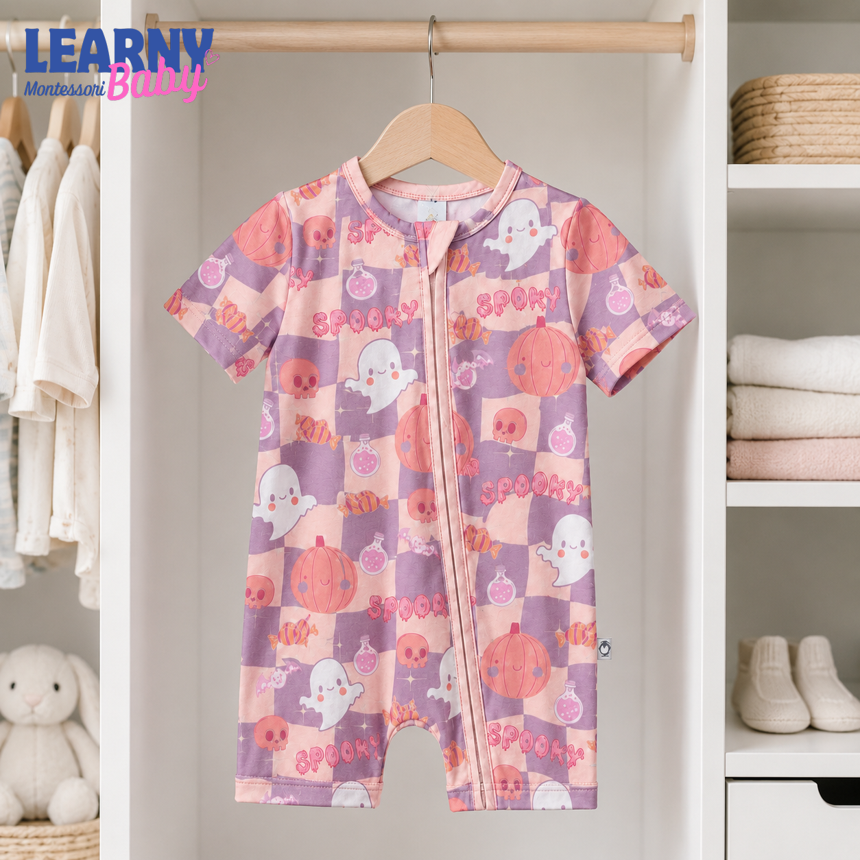 Pink Spooky Checkerboard Convertible Zippy – Baby’s First Halloween Sleeper