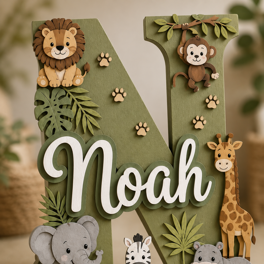 Personalized Safari Nursery Name Sign, Jungle Animals Nursery Decor, Lion Giraffe Elephant Baby Name Sign, Kids Room Wall Art
