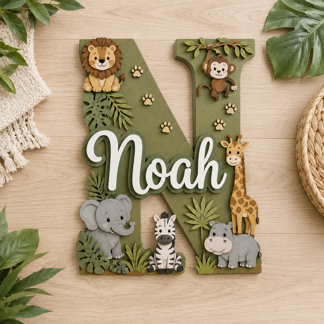 Personalized Safari Nursery Name Sign, Jungle Animals Nursery Decor, Lion Giraffe Elephant Baby Name Sign, Kids Room Wall Art