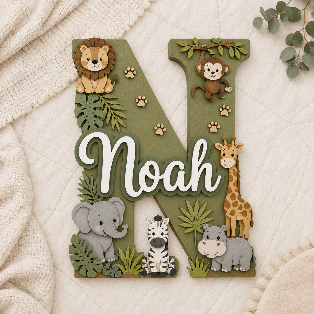 Personalized Safari Nursery Name Sign, Jungle Animals Nursery Decor, Lion Giraffe Elephant Baby Name Sign, Kids Room Wall Art