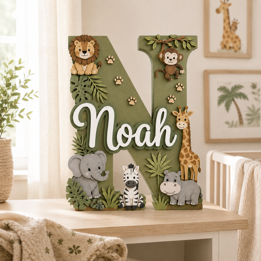 Personalized Safari Nursery Name Sign, Jungle Animals Nursery Decor, Lion Giraffe Elephant Baby Name Sign, Kids Room Wall Art
