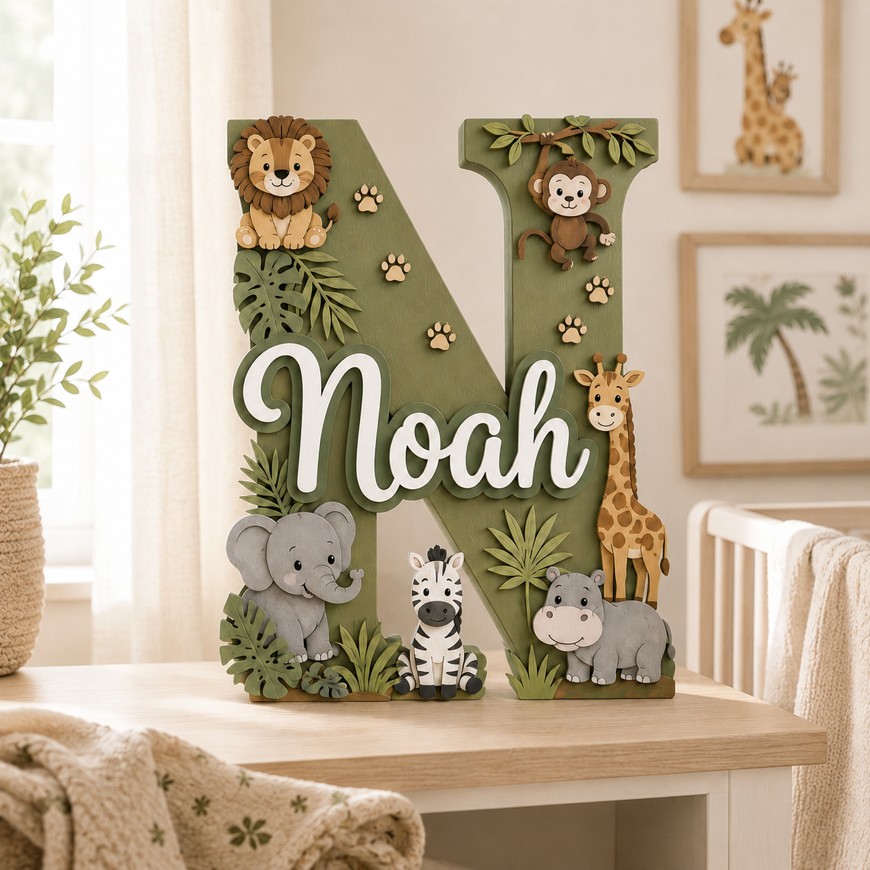 Personalized Safari Nursery Name Sign, Jungle Animals Nursery Decor, Lion Giraffe Elephant Baby Name Sign, Kids Room Wall Art