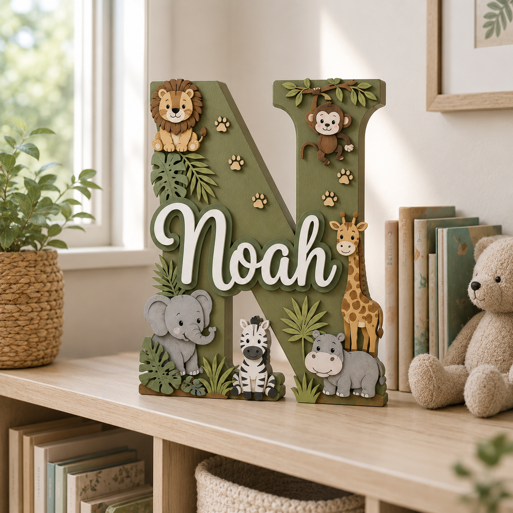 Personalized Safari Nursery Name Sign, Jungle Animals Nursery Decor, Lion Giraffe Elephant Baby Name Sign, Kids Room Wall Art