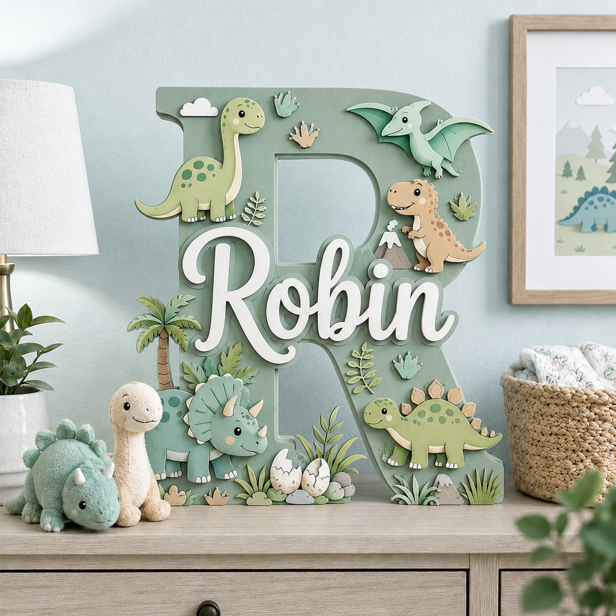 Personalized Dinosaur Nursery Name Sign, Dino Nursery Wall Decor, Custom Baby Boy Name Sign, Jurassic Kids Room Decor