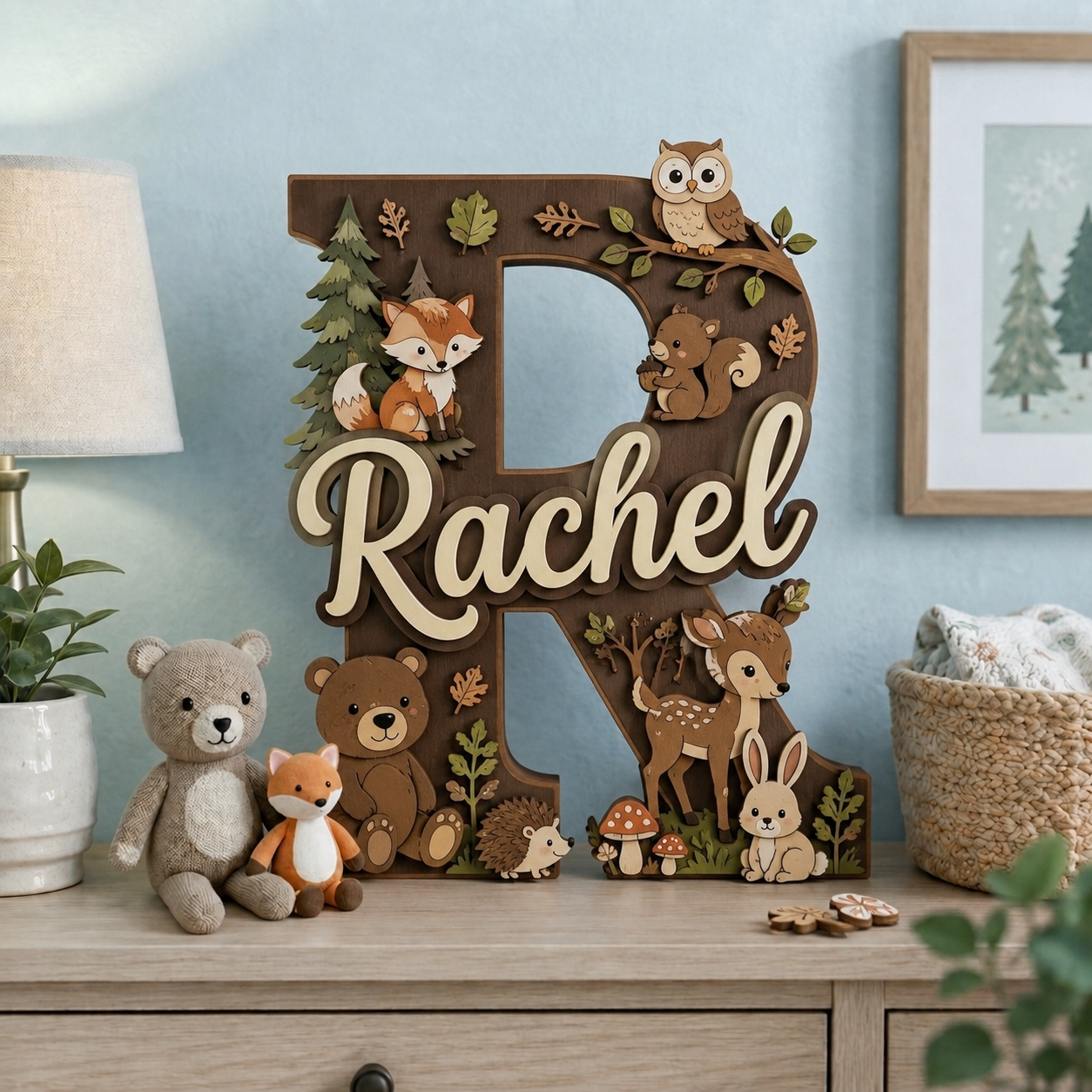 Personalized Woodland Nursery Name Sign, Forest Animals Nursery Decor, Bear Fox Deer Owl Baby Name Sign, Kids Room Wall Art