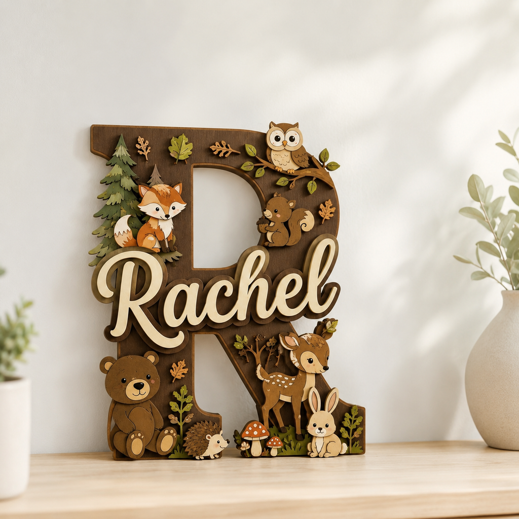 Personalized Woodland Nursery Name Sign, Forest Animals Nursery Decor, Bear Fox Deer Owl Baby Name Sign, Kids Room Wall Art