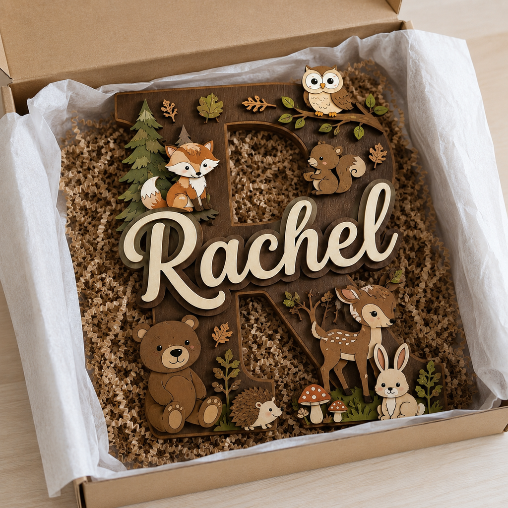 Personalized Woodland Nursery Name Sign, Forest Animals Nursery Decor, Bear Fox Deer Owl Baby Name Sign, Kids Room Wall Art