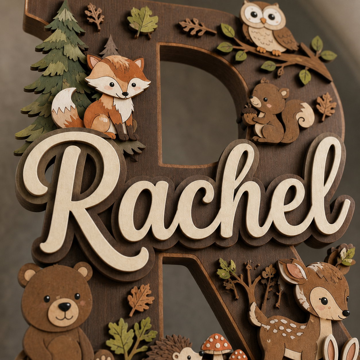 Personalized Woodland Nursery Name Sign, Forest Animals Nursery Decor, Bear Fox Deer Owl Baby Name Sign, Kids Room Wall Art