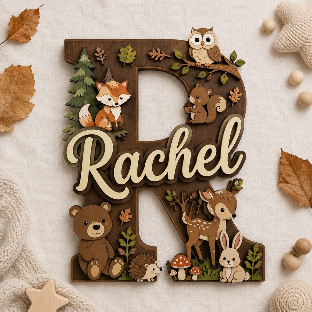Personalized Woodland Nursery Name Sign, Forest Animals Nursery Decor, Bear Fox Deer Owl Baby Name Sign, Kids Room Wall Art
