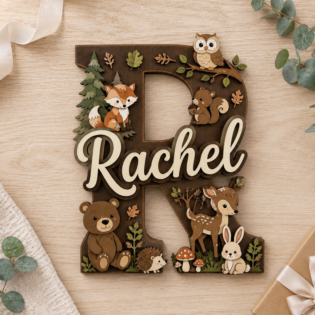 Personalized Woodland Nursery Name Sign, Forest Animals Nursery Decor, Bear Fox Deer Owl Baby Name Sign, Kids Room Wall Art