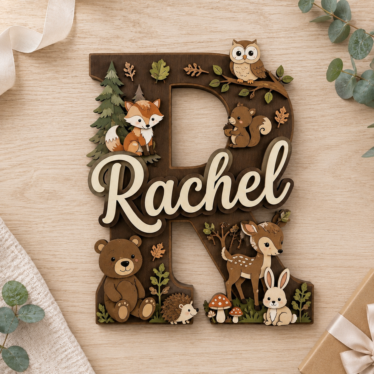 Personalized Woodland Nursery Name Sign, Forest Animals Nursery Decor, Bear Fox Deer Owl Baby Name Sign, Kids Room Wall Art