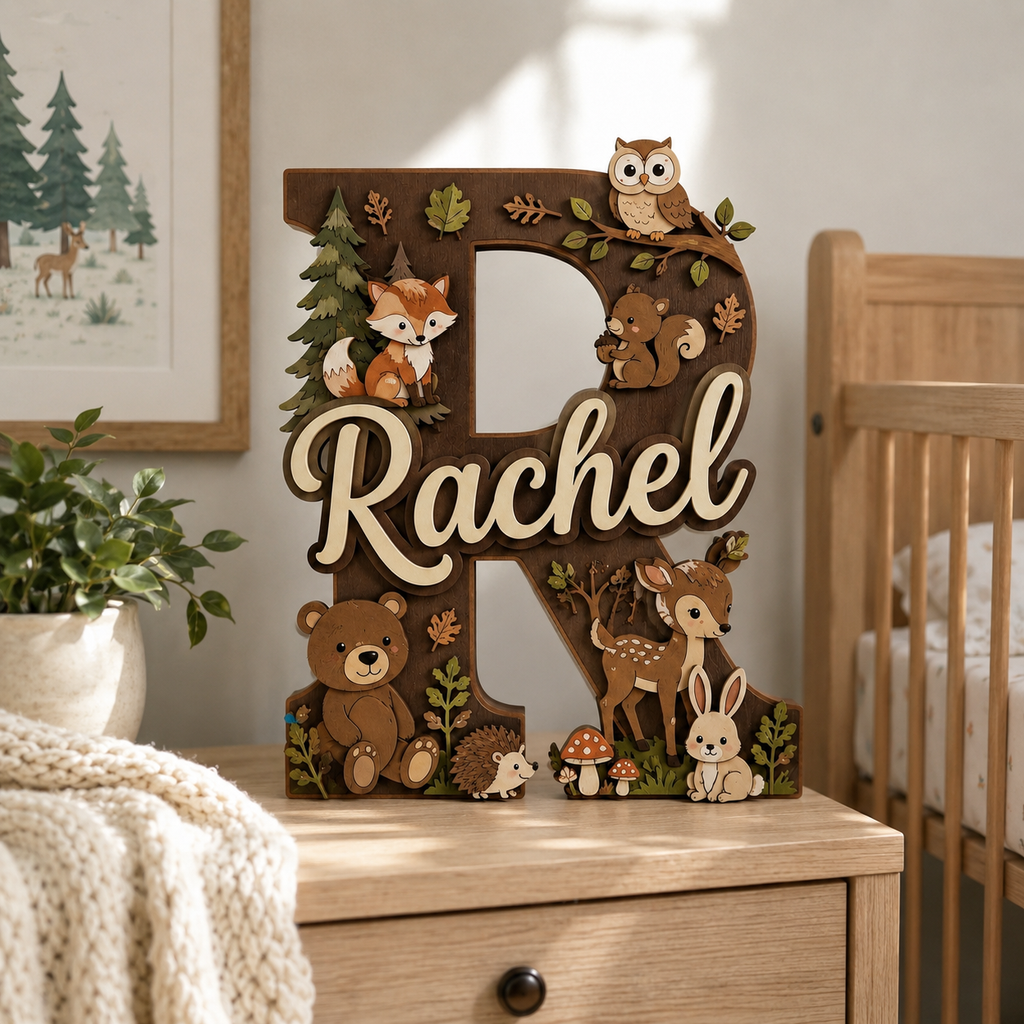 Personalized Woodland Nursery Name Sign, Forest Animals Nursery Decor, Bear Fox Deer Owl Baby Name Sign, Kids Room Wall Art
