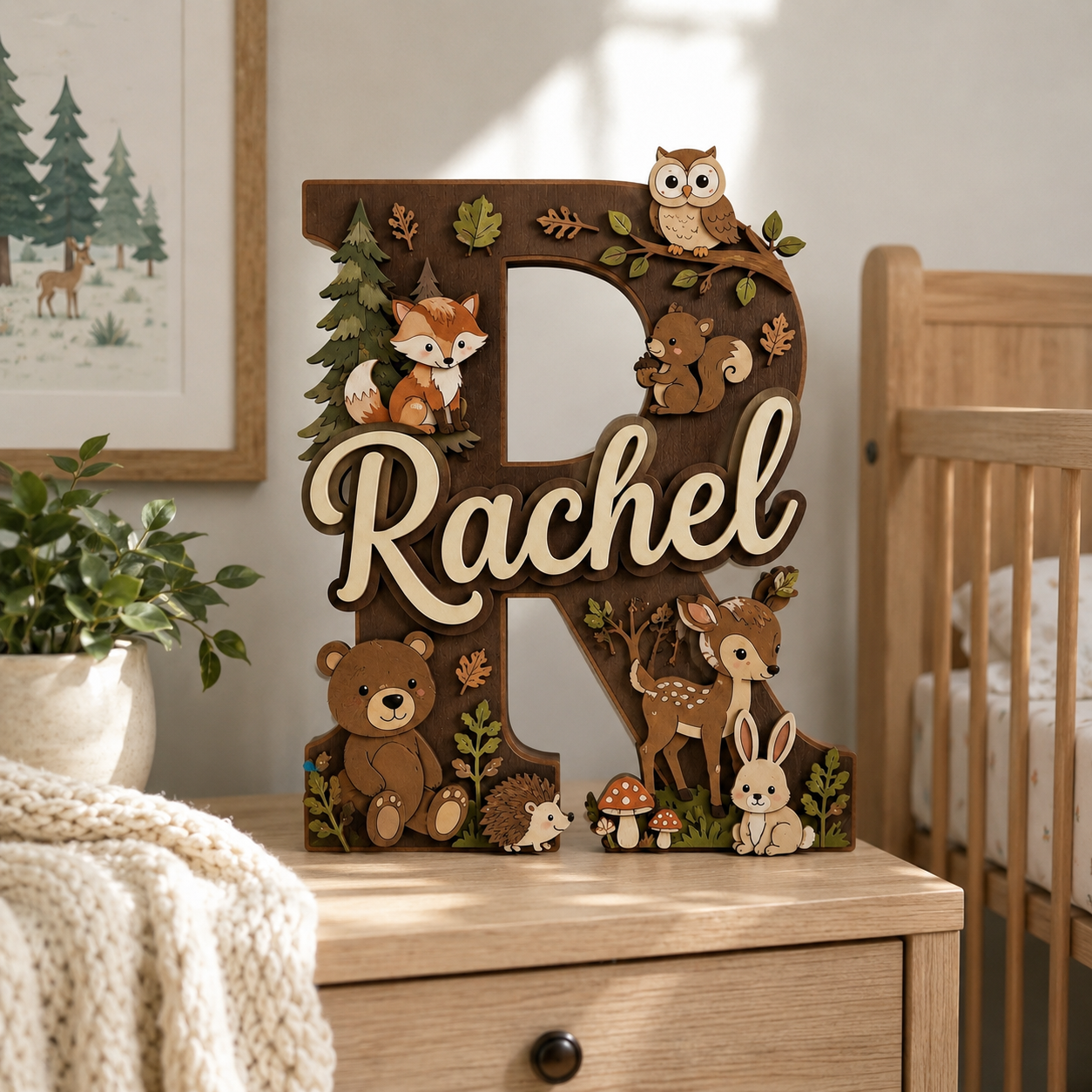 Personalized Woodland Nursery Name Sign, Forest Animals Nursery Decor, Bear Fox Deer Owl Baby Name Sign, Kids Room Wall Art