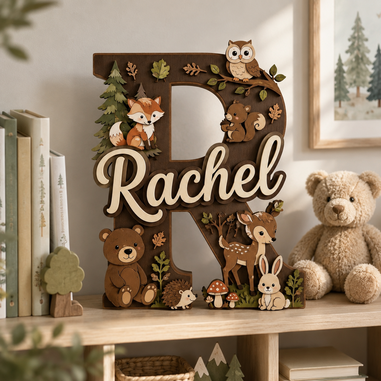 Personalized Woodland Nursery Name Sign, Forest Animals Nursery Decor, Bear Fox Deer Owl Baby Name Sign, Kids Room Wall Art