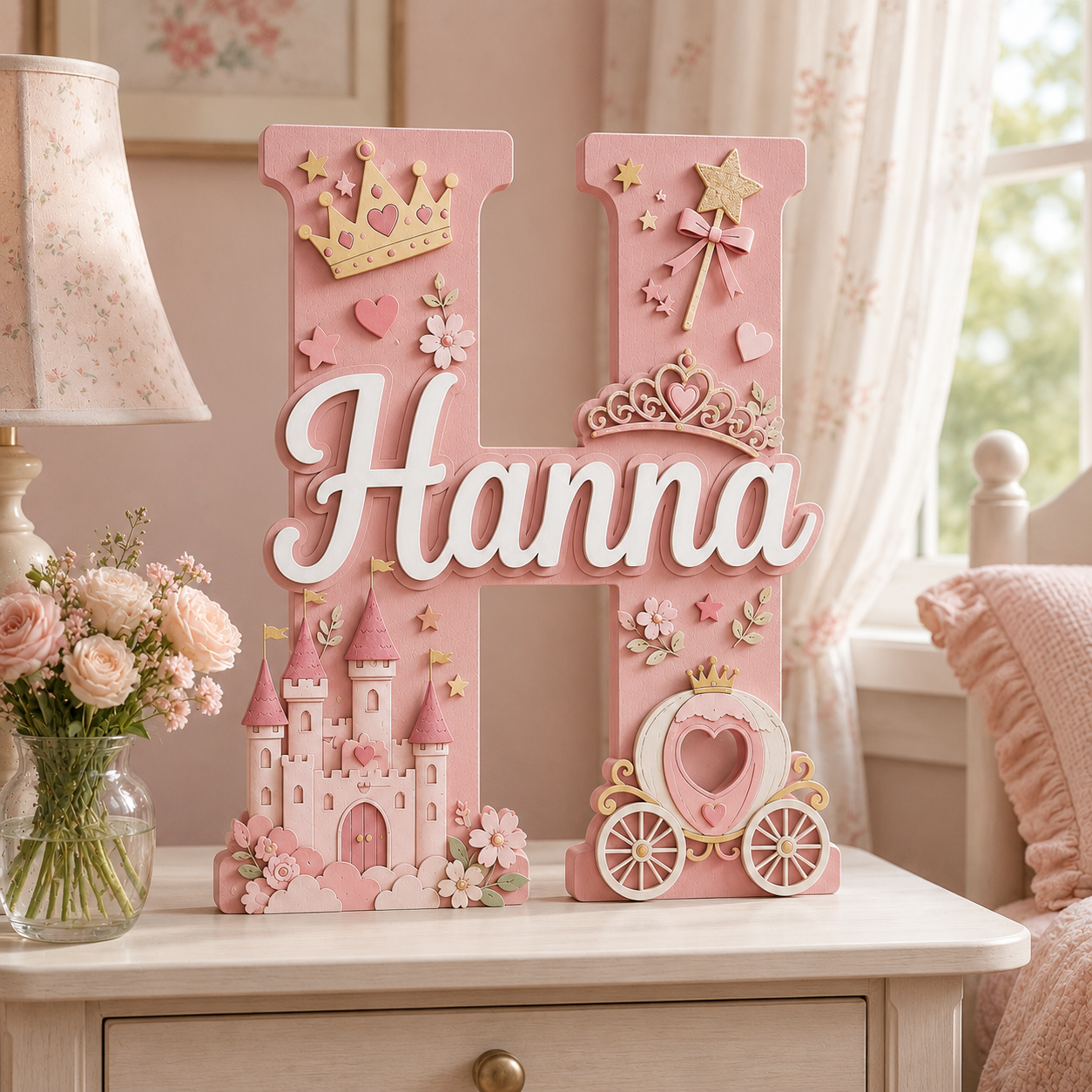 Personalized Princess Nursery Name Sign, Pink Castle Nursery Wall Decor, Fairy Tale Baby Name Sign, Girls Room Decor, Baby Shower Gift