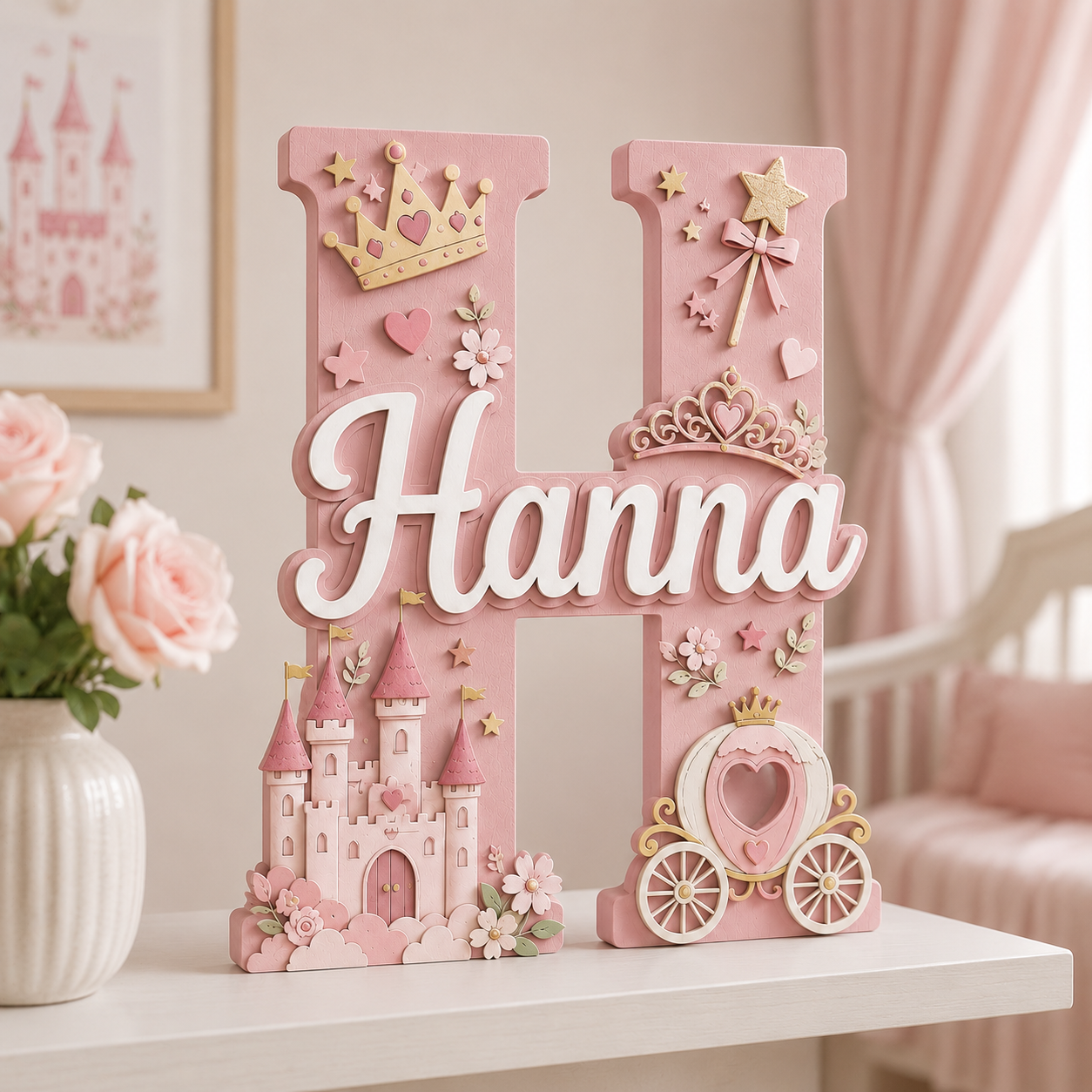 Personalized Princess Nursery Name Sign, Pink Castle Nursery Wall Decor, Fairy Tale Baby Name Sign, Girls Room Decor, Baby Shower Gift