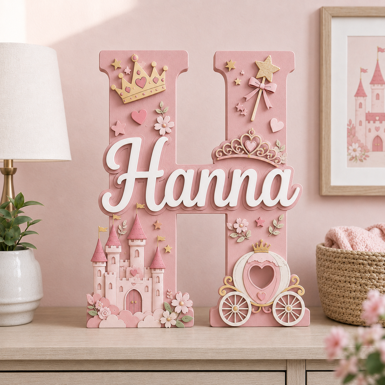 Personalized Princess Nursery Name Sign, Pink Castle Nursery Wall Decor, Fairy Tale Baby Name Sign, Girls Room Decor, Baby Shower Gift