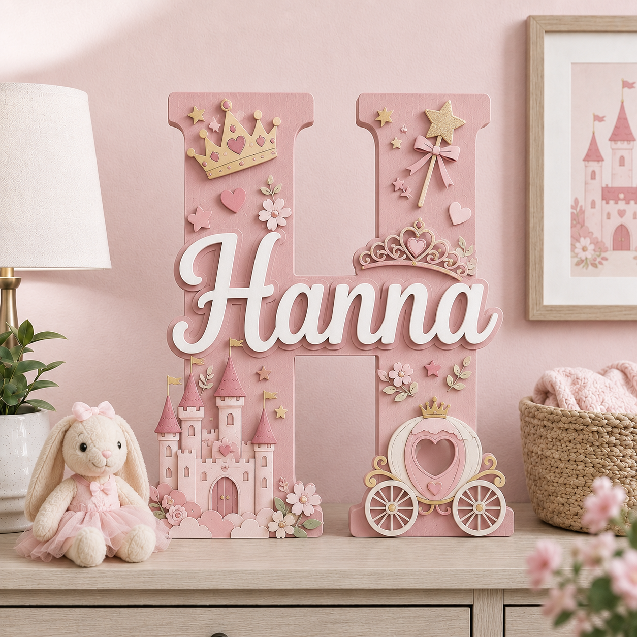 Personalized Princess Nursery Name Sign, Pink Castle Nursery Wall Decor, Fairy Tale Baby Name Sign, Girls Room Decor, Baby Shower Gift