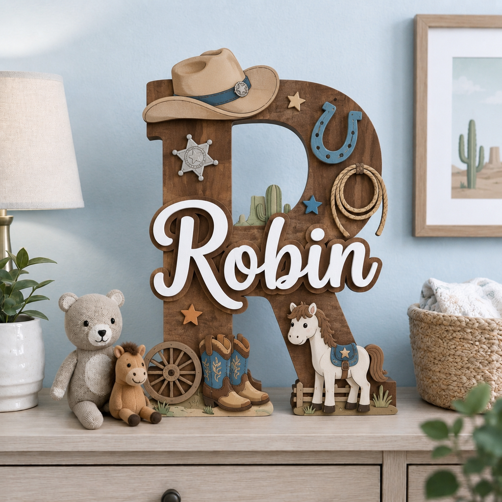 Personalized Cowboy Nursery Name Sign, Western Nursery Wall Decor, Horse Cactus Baby Name Sign, Custom Kids Room Decor