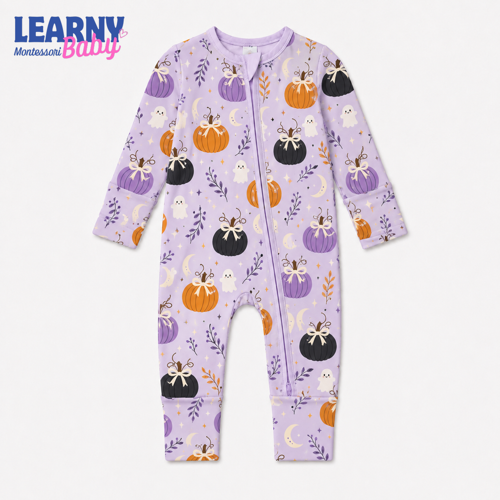 Purple Bow Pumpkin & Ghost Convertible Zippy – Baby’s First Halloween Outfit