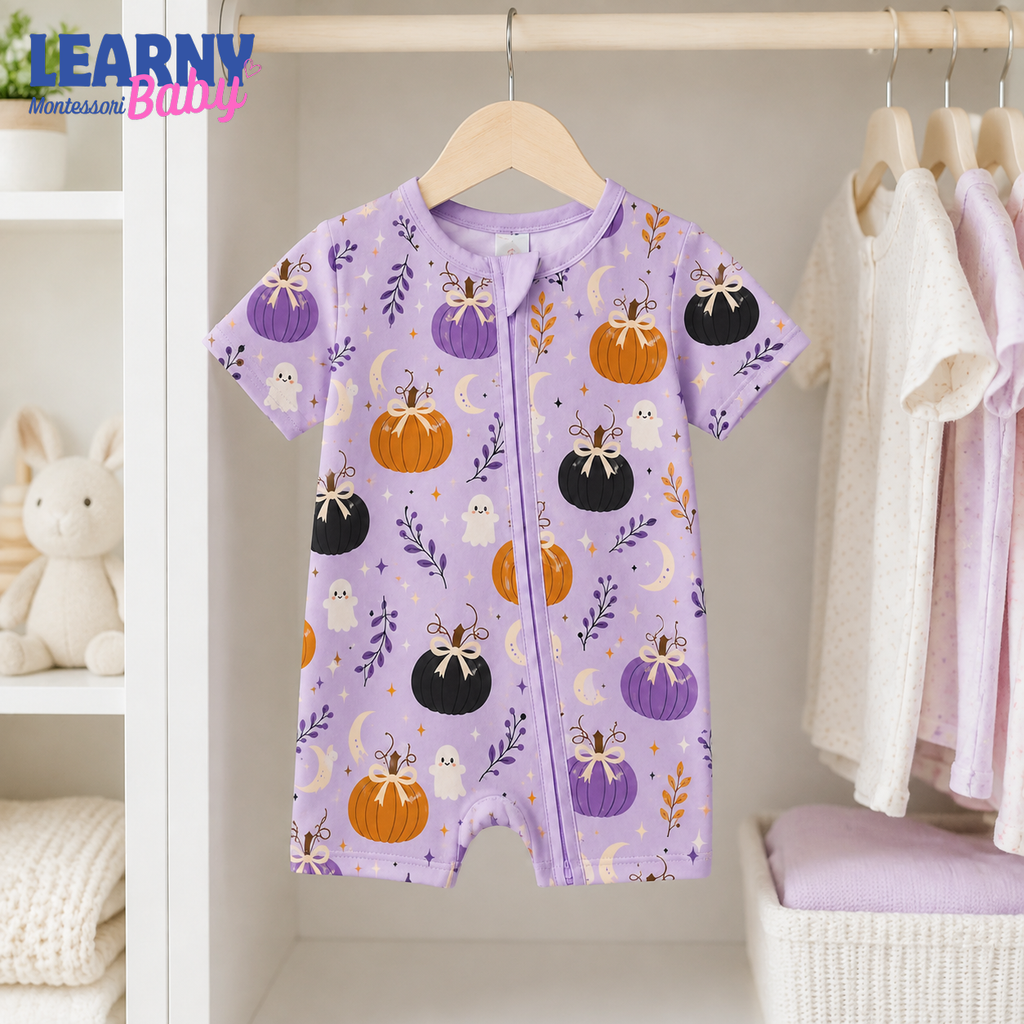 Purple Bow Pumpkin & Ghost Convertible Zippy – Baby’s First Halloween Outfit