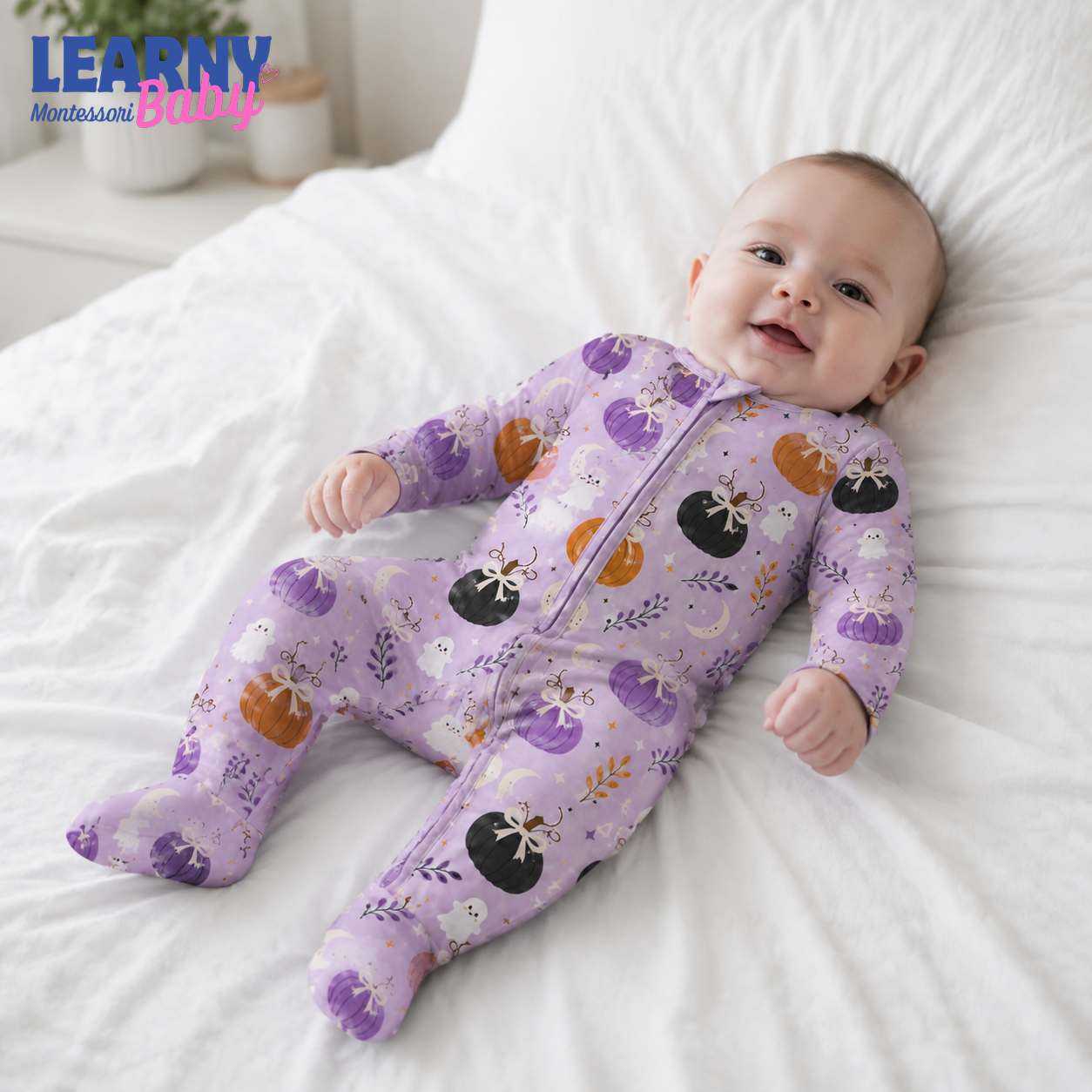 Purple Bow Pumpkin & Ghost Convertible Zippy – Baby’s First Halloween Outfit