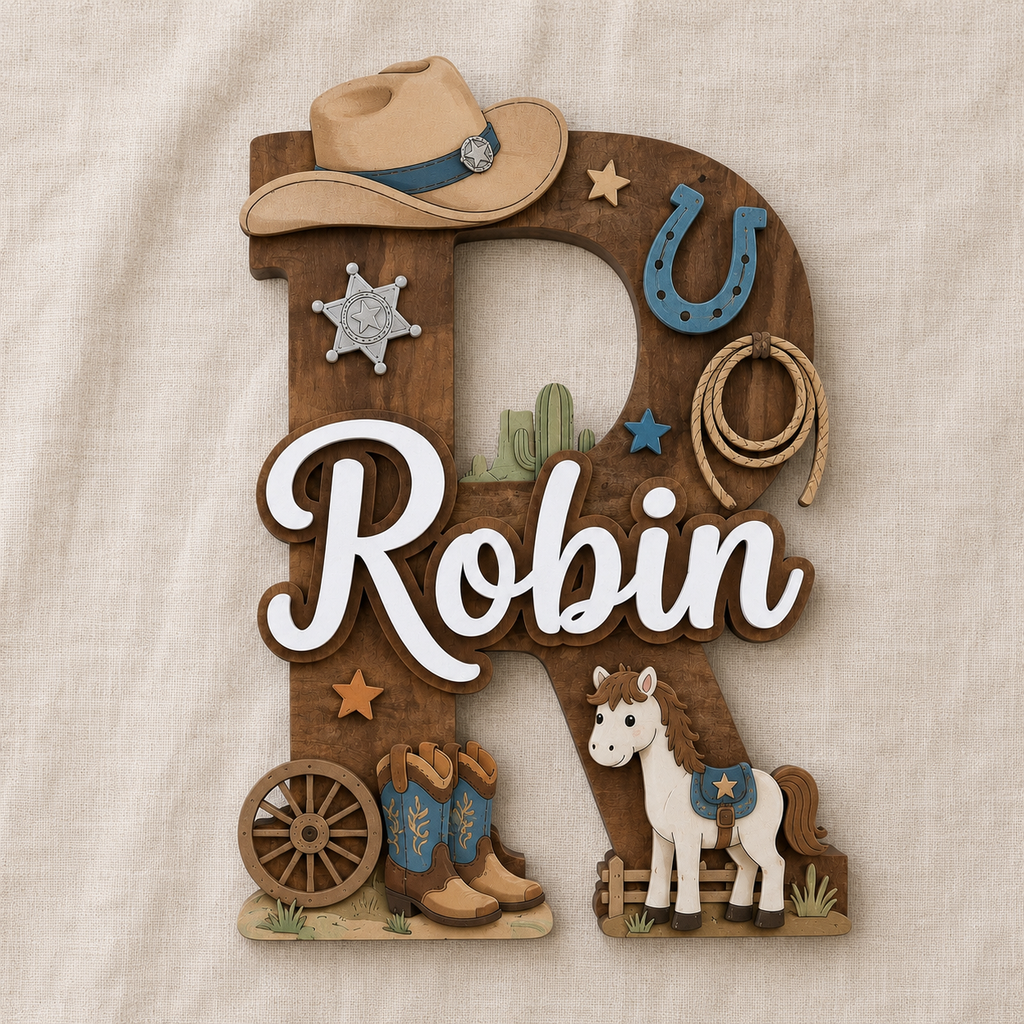 Personalized Cowboy Nursery Name Sign, Western Nursery Wall Decor, Horse Cactus Baby Name Sign, Custom Kids Room Decor