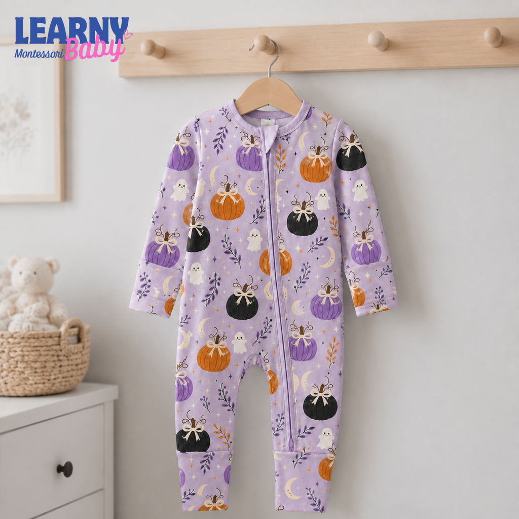 Purple Bow Pumpkin & Ghost Convertible Zippy – Baby’s First Halloween Outfit