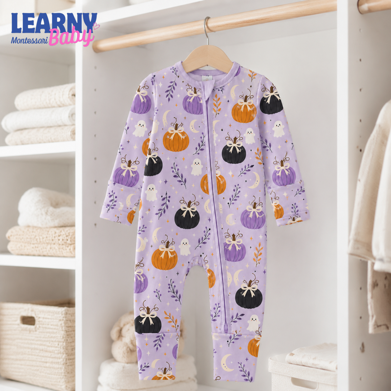 Purple Bow Pumpkin & Ghost Convertible Zippy – Baby’s First Halloween Outfit