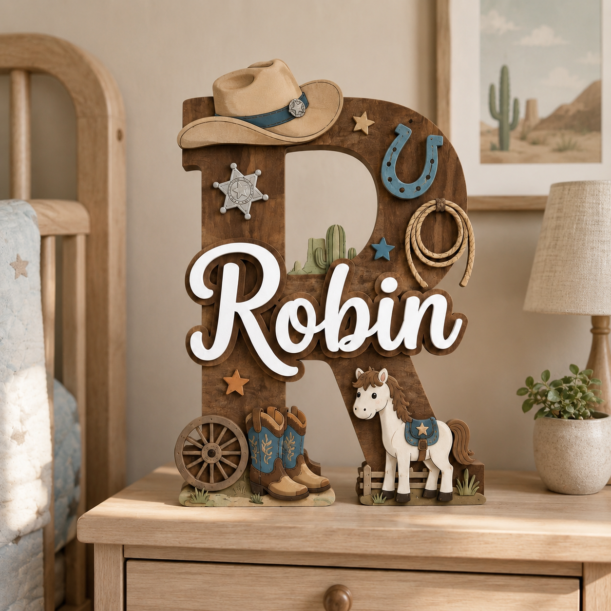 Personalized Cowboy Nursery Name Sign, Western Nursery Wall Decor, Horse Cactus Baby Name Sign, Custom Kids Room Decor