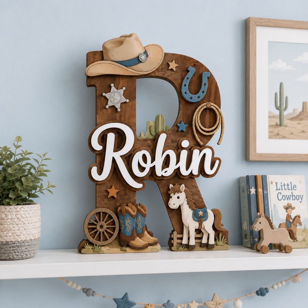 Personalized Cowboy Nursery Name Sign, Western Nursery Wall Decor, Horse Cactus Baby Name Sign, Custom Kids Room Decor