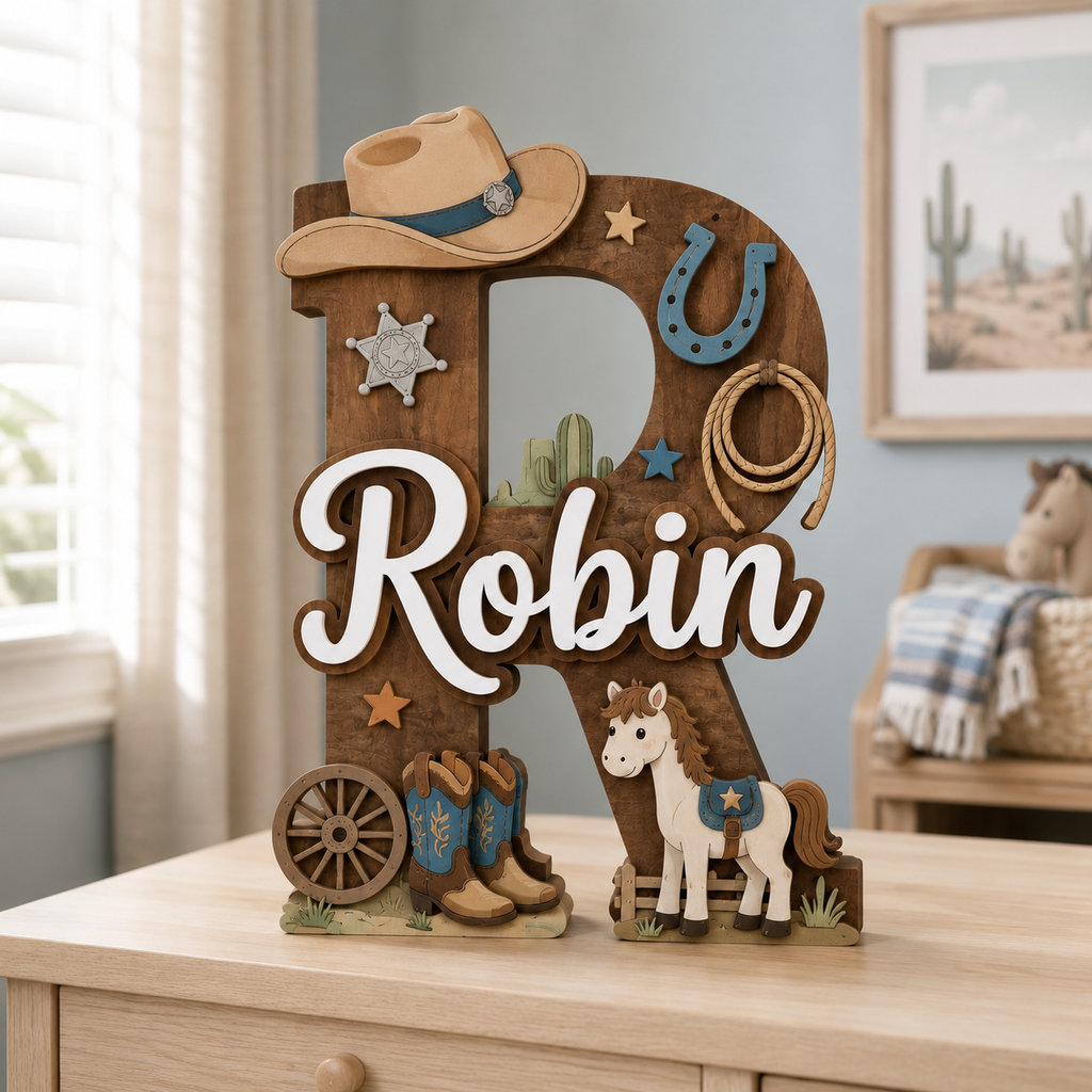 Personalized Cowboy Nursery Name Sign, Western Nursery Wall Decor, Horse Cactus Baby Name Sign, Custom Kids Room Decor