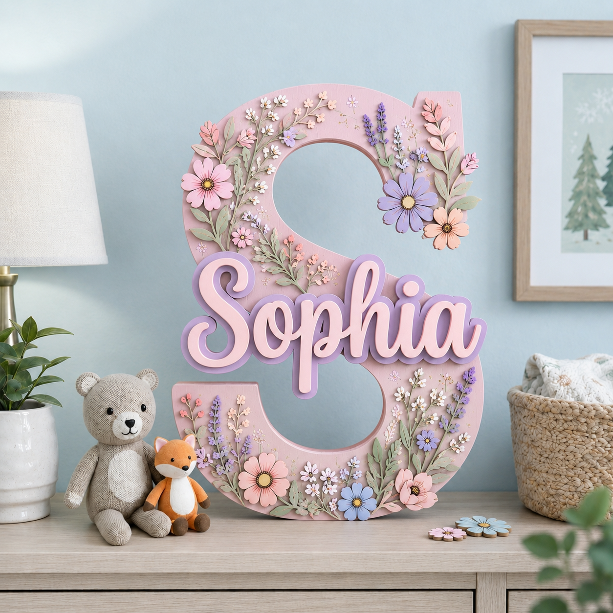 Personalized Floral Name Sign, Girl Nursery Wall Decor, Pink Flower Baby Name Sign, Custom Garden Room Decor