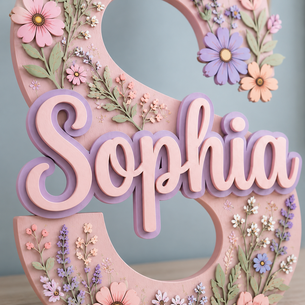 Personalized Floral Name Sign, Girl Nursery Wall Decor, Pink Flower Baby Name Sign, Custom Garden Room Decor