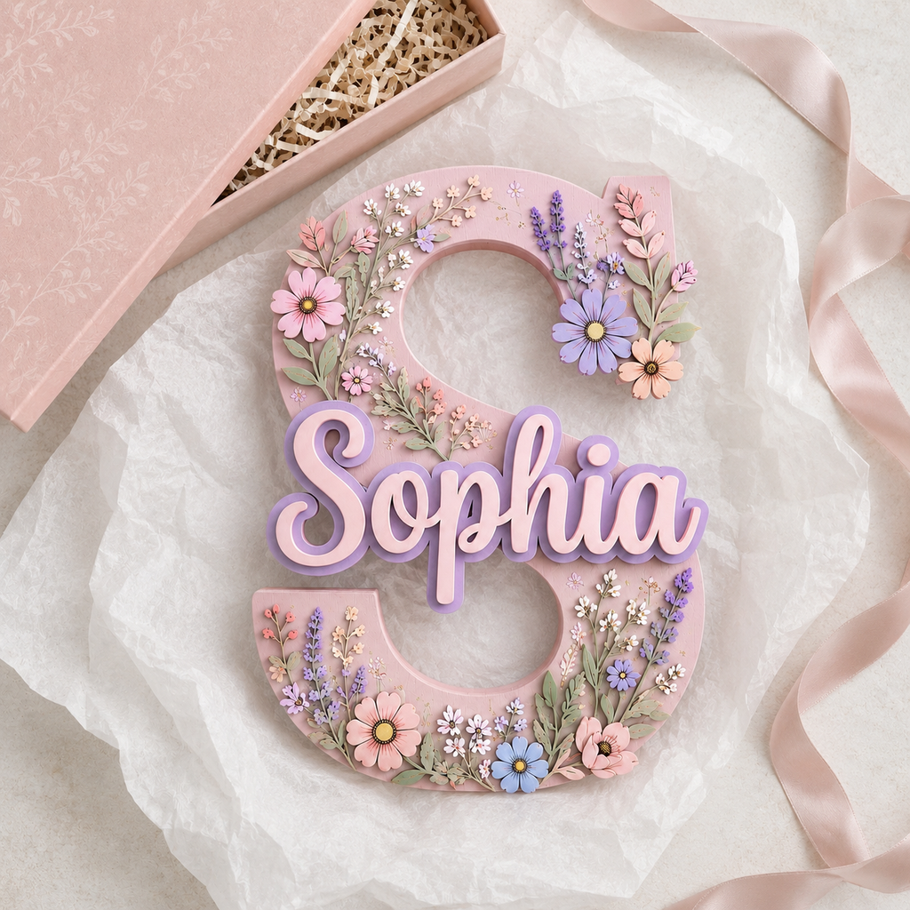 Personalized Floral Name Sign, Girl Nursery Wall Decor, Pink Flower Baby Name Sign, Custom Garden Room Decor