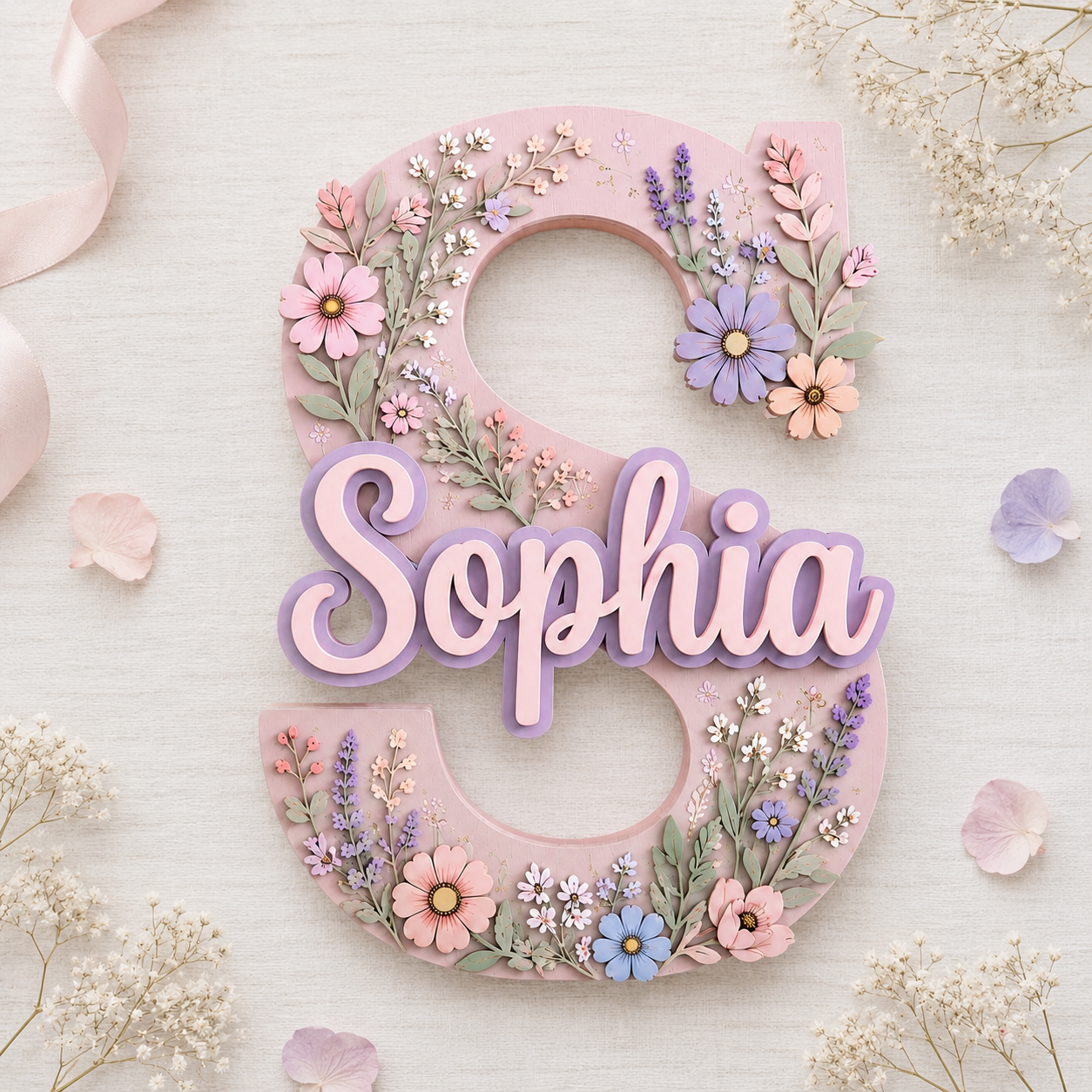 Personalized Floral Name Sign, Girl Nursery Wall Decor, Pink Flower Baby Name Sign, Custom Garden Room Decor