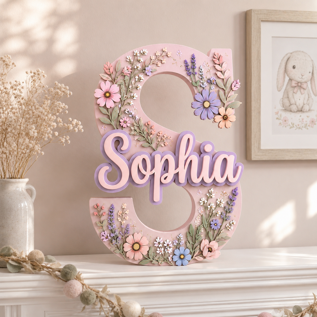 Personalized Floral Name Sign, Girl Nursery Wall Decor, Pink Flower Baby Name Sign, Custom Garden Room Decor