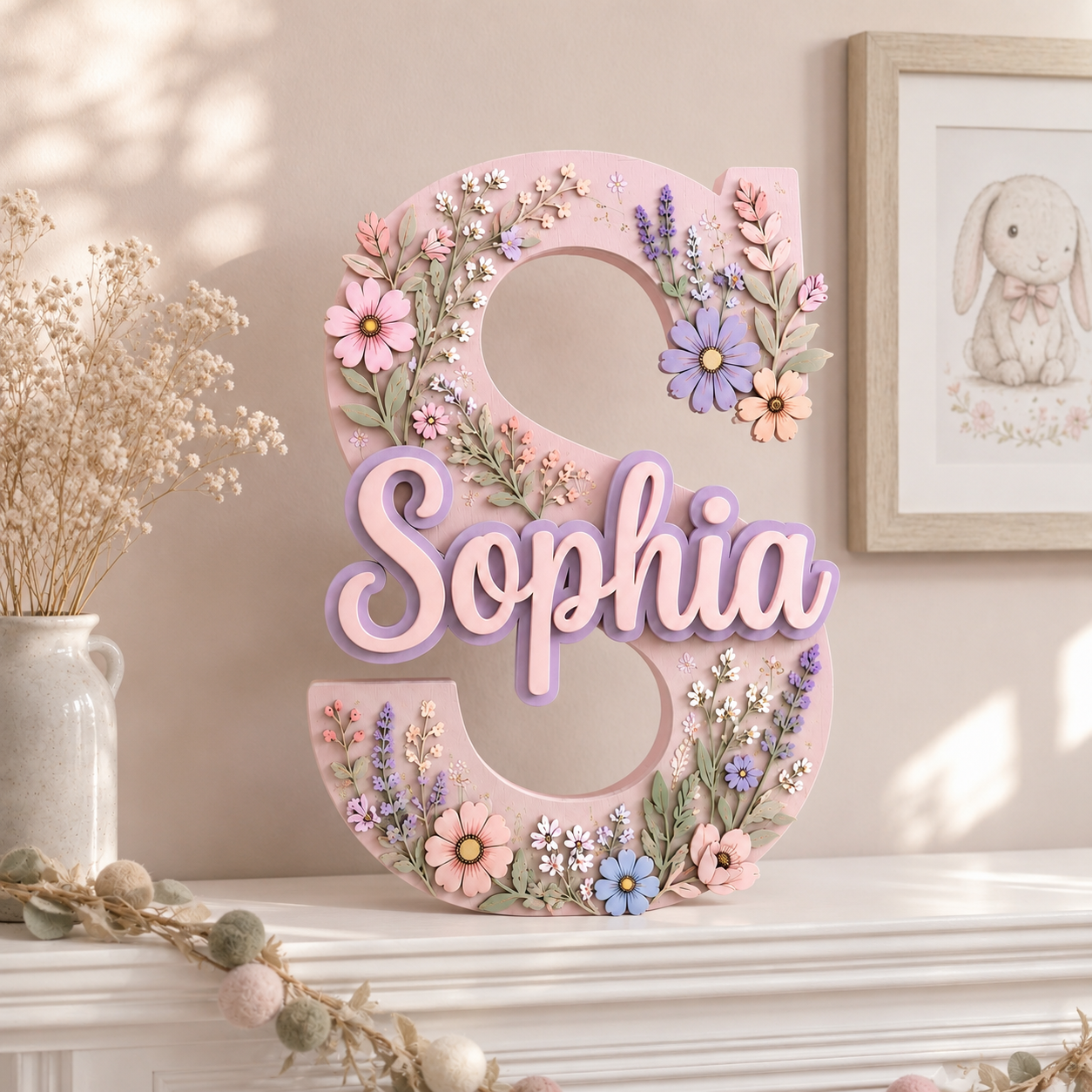 Personalized Floral Name Sign, Girl Nursery Wall Decor, Pink Flower Baby Name Sign, Custom Garden Room Decor