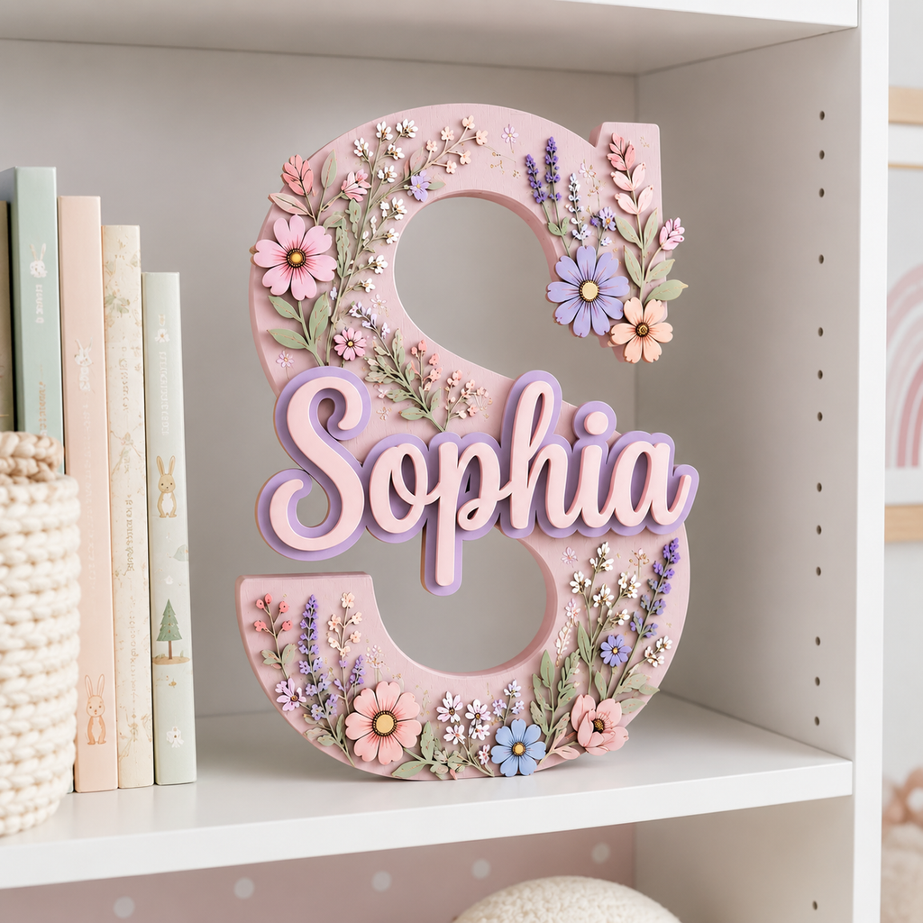 Personalized Floral Name Sign, Girl Nursery Wall Decor, Pink Flower Baby Name Sign, Custom Garden Room Decor
