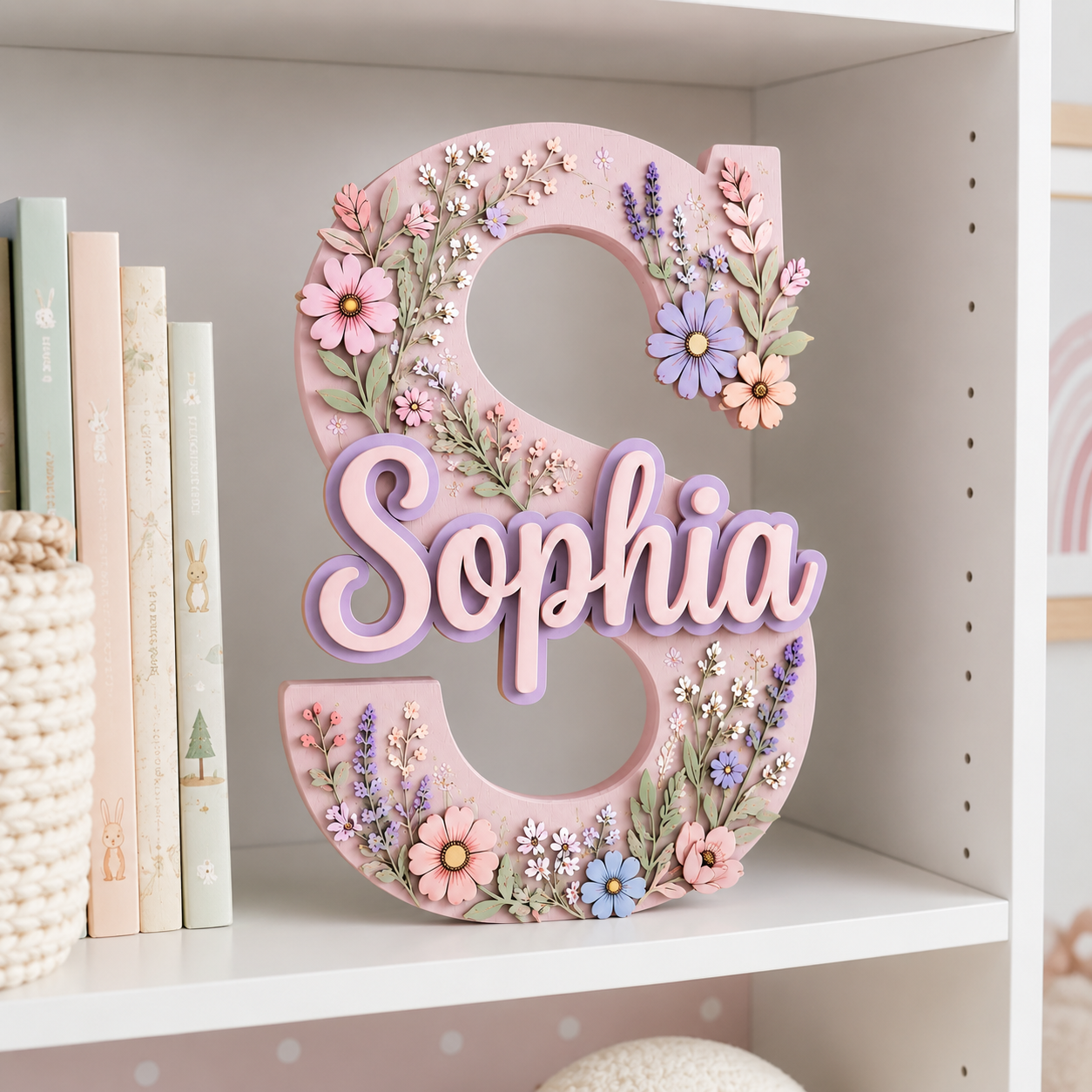 Personalized Floral Name Sign, Girl Nursery Wall Decor, Pink Flower Baby Name Sign, Custom Garden Room Decor