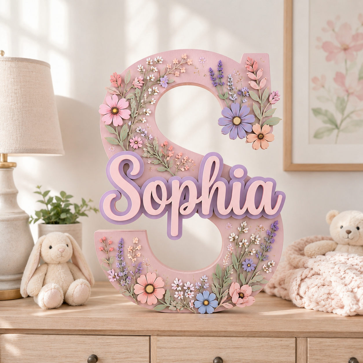 Personalized Floral Name Sign, Girl Nursery Wall Decor, Pink Flower Baby Name Sign, Custom Garden Room Decor
