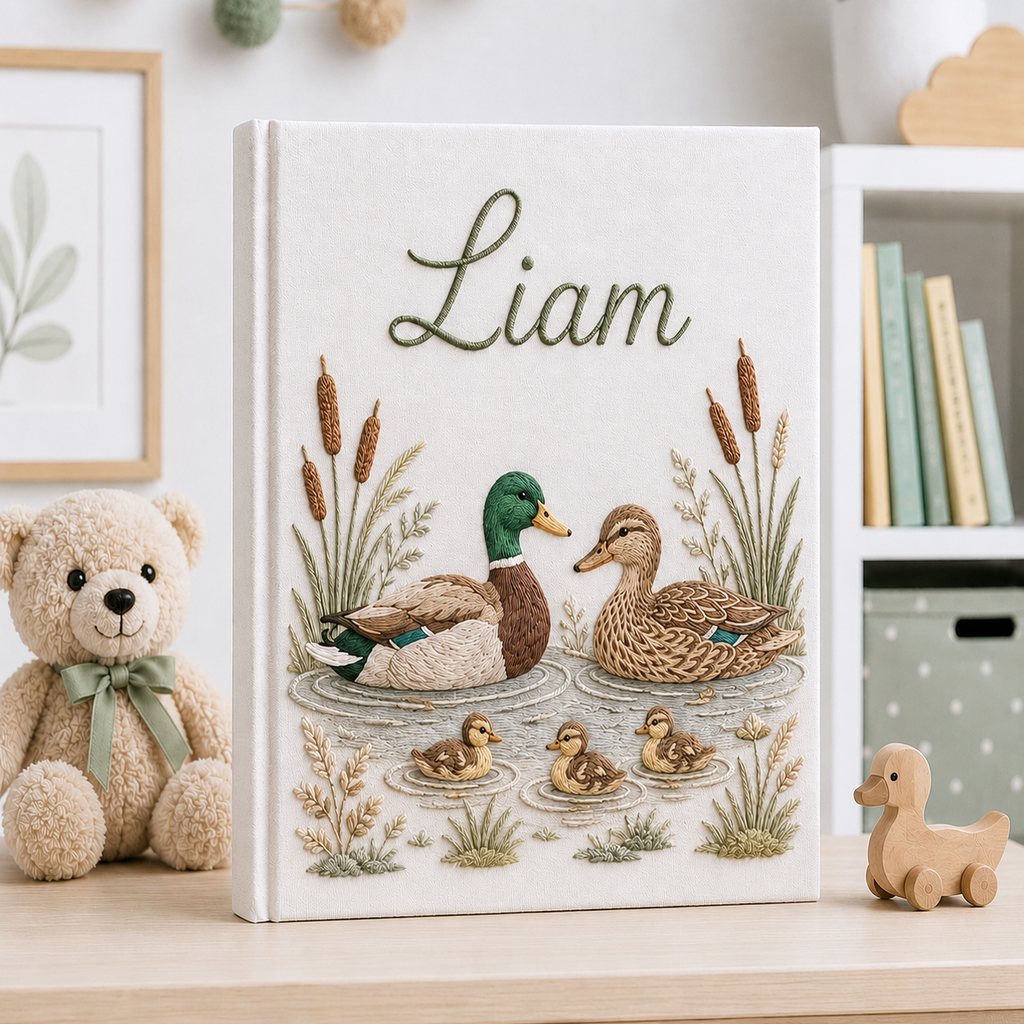 Embroidered Mallard Duck Photo Album , Custom Baby Memory Book, Personalized Hand Embroidered Keepsake Album, Newborn Gift EPLB11