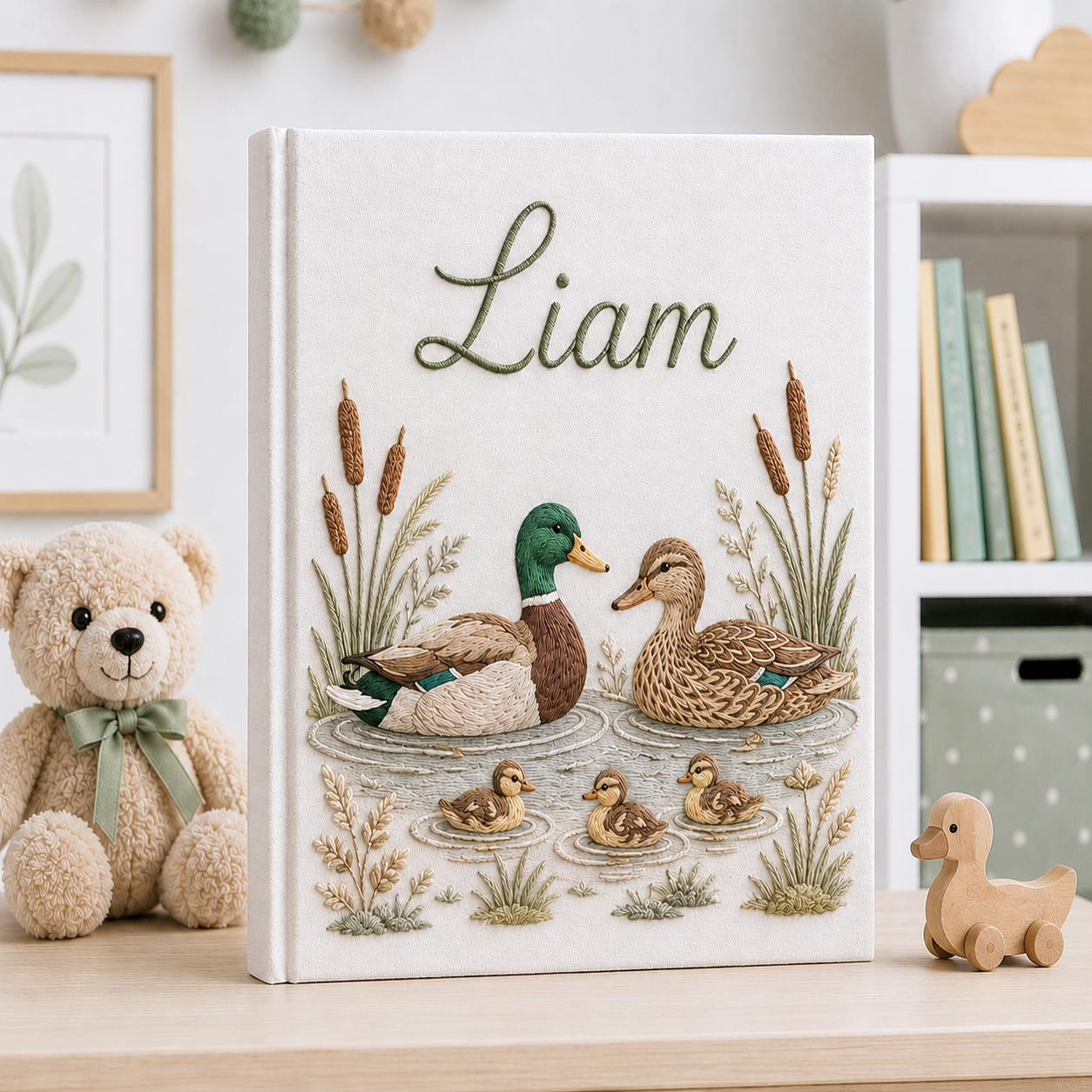 Embroidered Mallard Duck Photo Album , Custom Baby Memory Book, Personalized Hand Embroidered Keepsake Album, Newborn Gift EPLB11