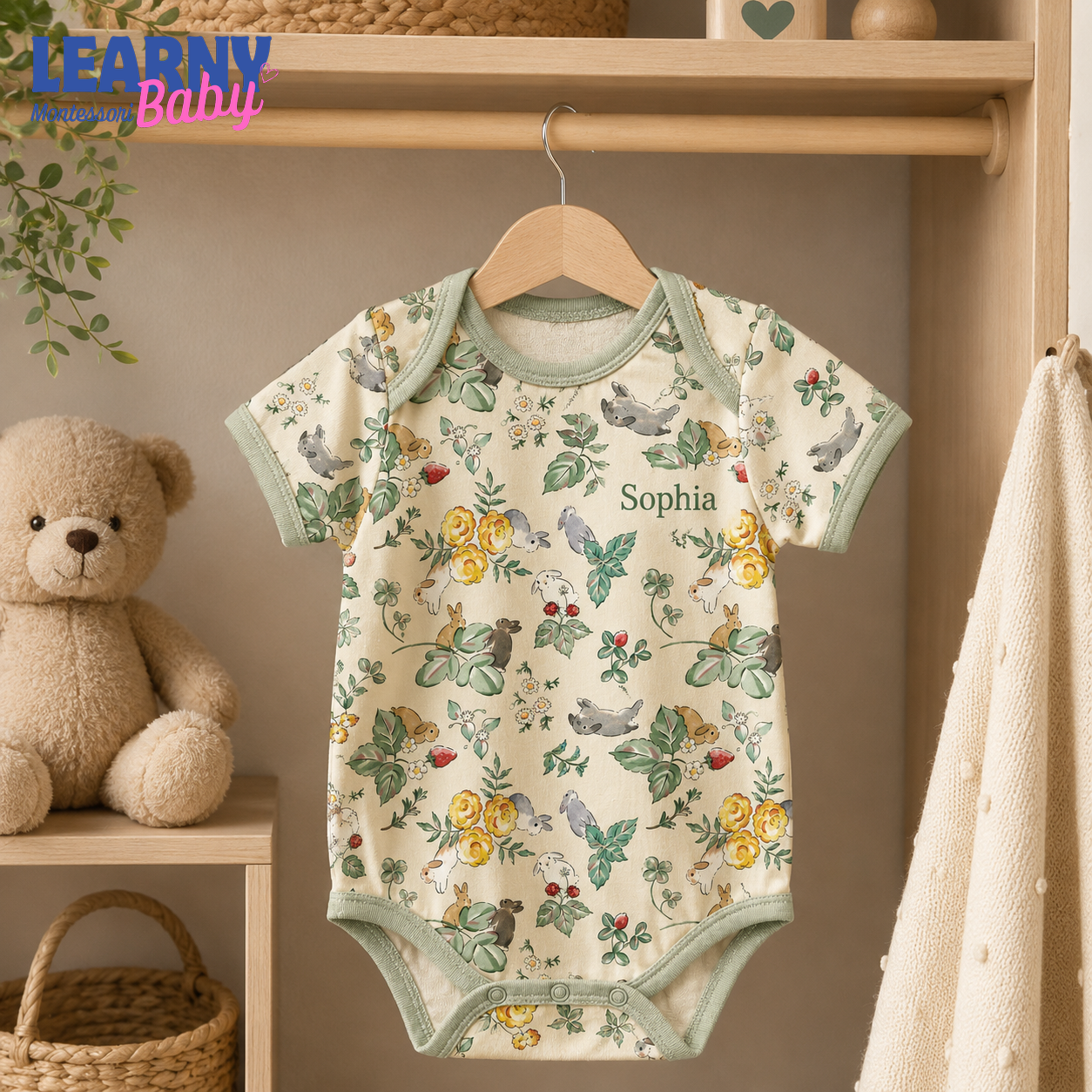 Bamboo Baby Bodysuit, Personalized Woodland Bunny Baby Onesie, Soft Bamboo Viscose Newborn Bodysuit