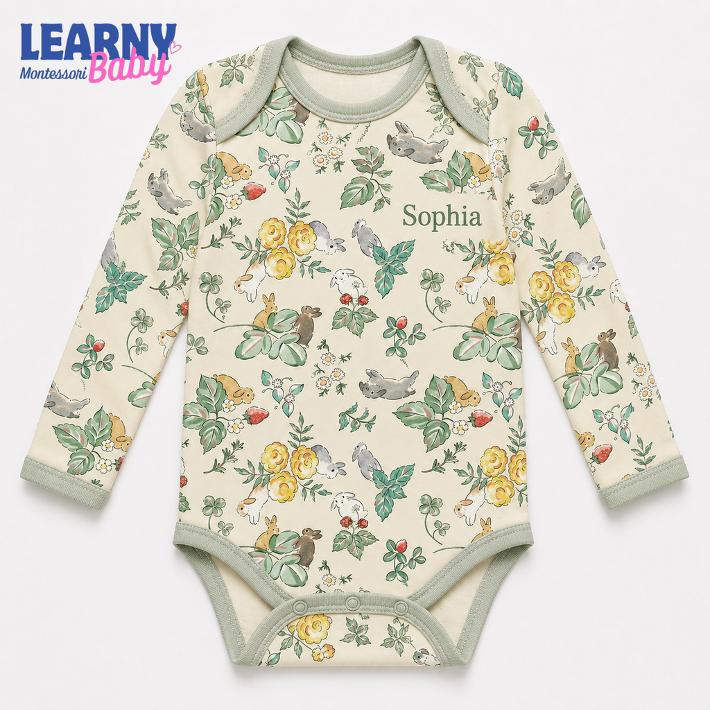 Bamboo Baby Bodysuit, Personalized Woodland Bunny Baby Onesie, Soft Bamboo Viscose Newborn Bodysuit