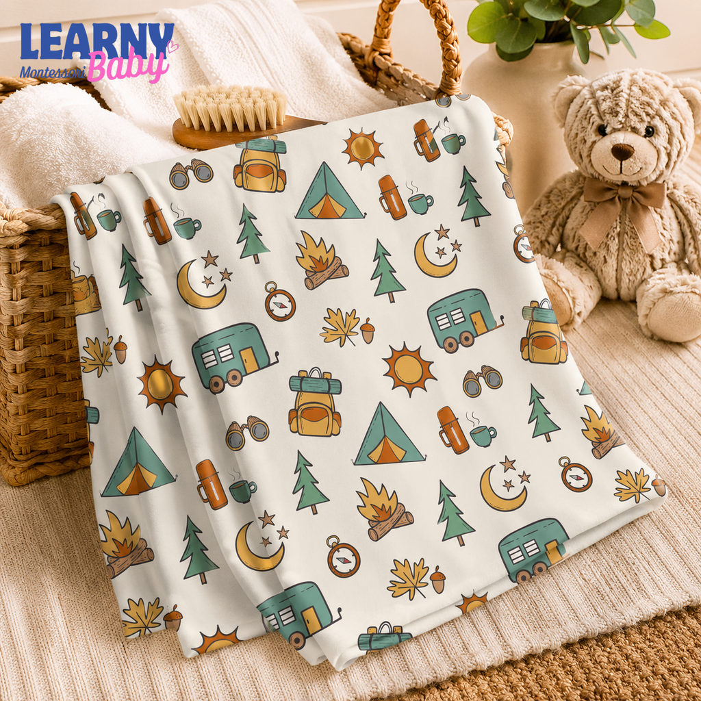 Camping Bamboo Baby Blanket, Outdoor Adventure Nursery Blanket with Tent and Camper, Soft Newborn Blanket, Baby Boy Gift