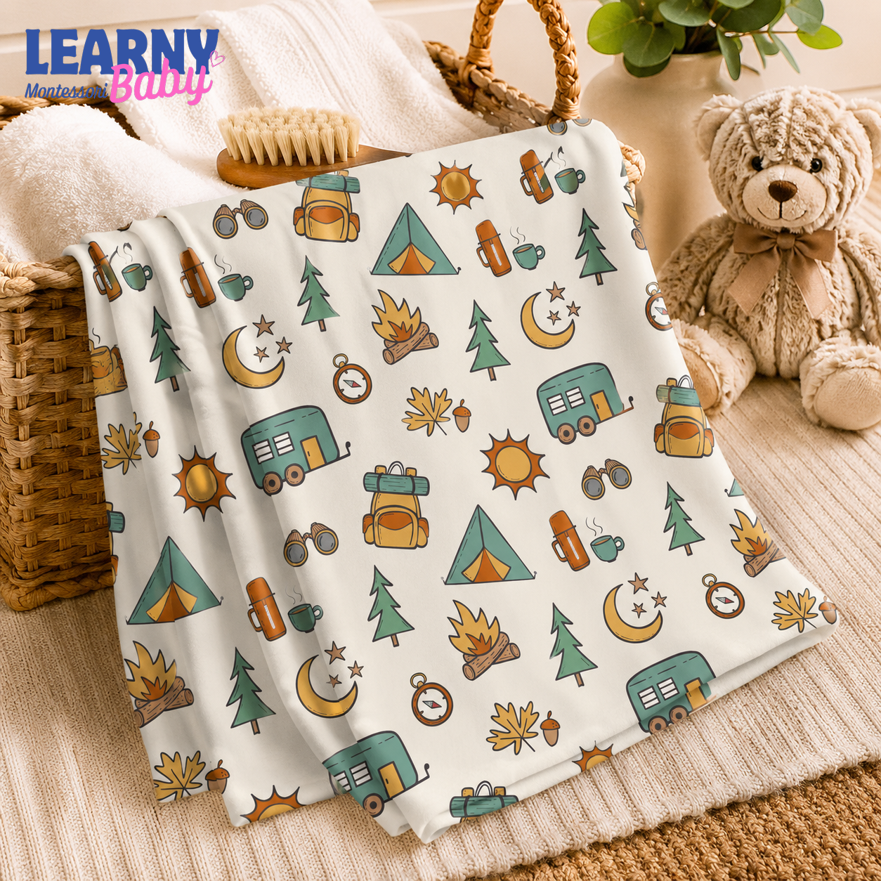 Camping Bamboo Baby Blanket, Outdoor Adventure Nursery Blanket with Tent and Camper, Soft Newborn Blanket, Baby Boy Gift