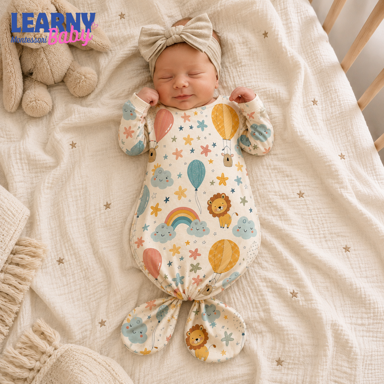 Newborn Baby Knotted Gown, Safari Animal Hot Air Balloon Bamboo Sleeper, Baby Shower Gift